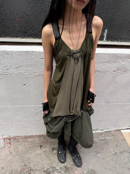 DoublePunch Punk Metal Trim Loose A-Line Baby Vest With Dangling Collar