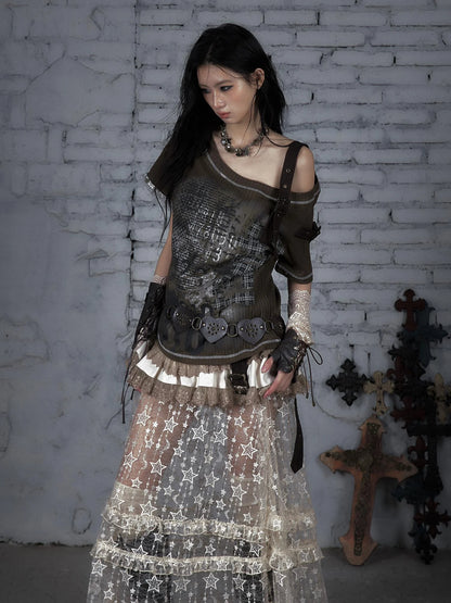 Punk Military Asymmetrical Sleeve Print Loose Knit T-Shirt