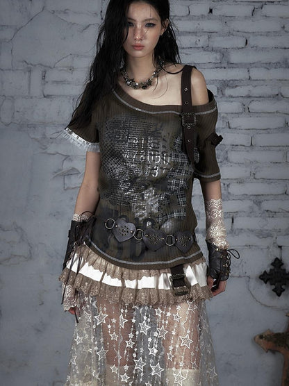 Punk Military Asymmetrical Sleeve Print Loose Knit T-shirt