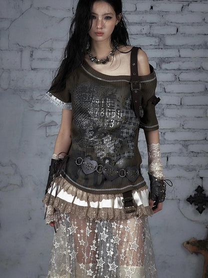 Punk Military Asymmetrical Sleeve Print Loose Knit T-Shirt