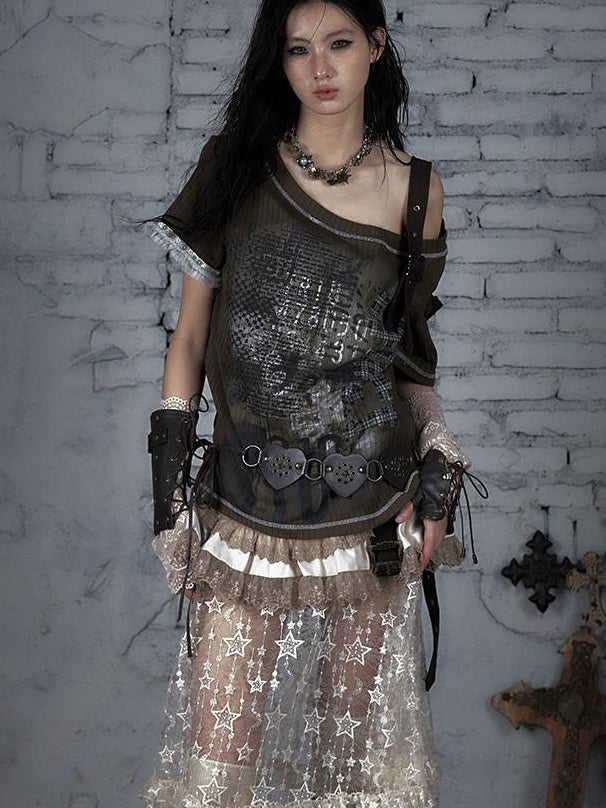 Punk Military Asymmetrical Sleeve Print Loose Knit T-shirt