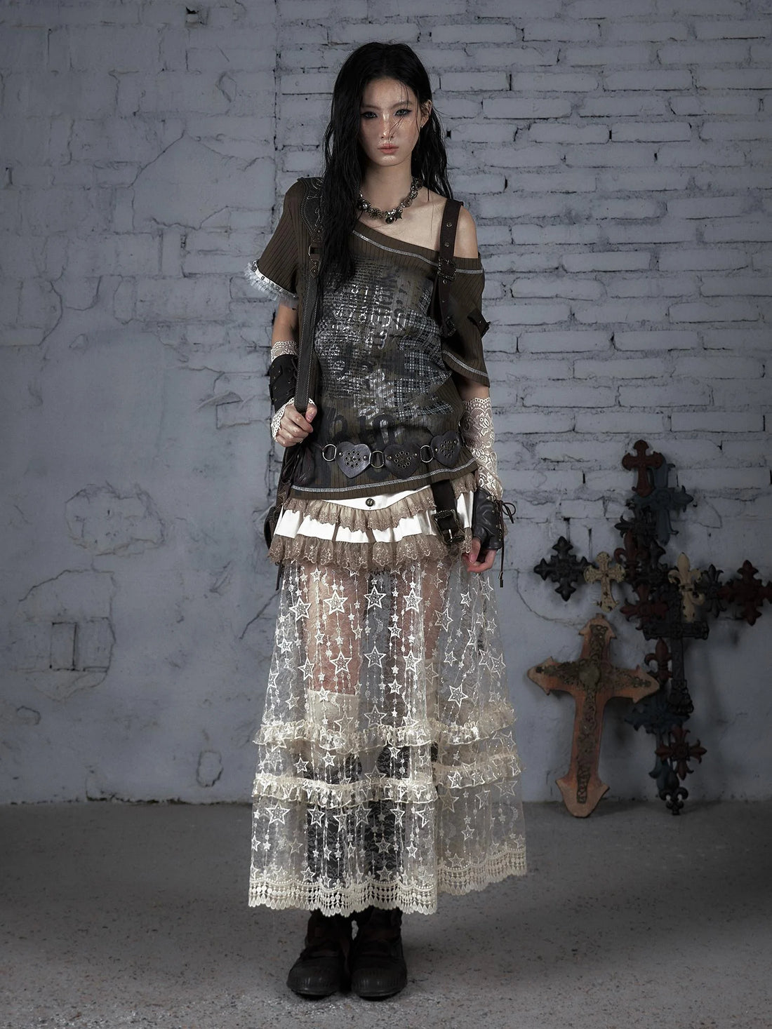 Punk Military Asymmetrical Sleeve Print Loose Knit T-Shirt