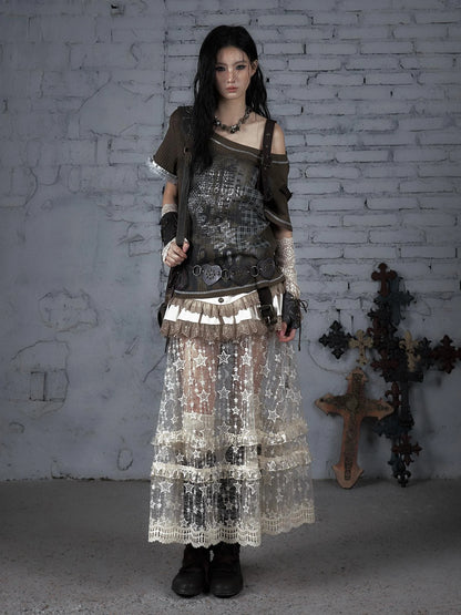 Punk Military Asymmetrical Sleeve Print Loose Knit T-Shirt