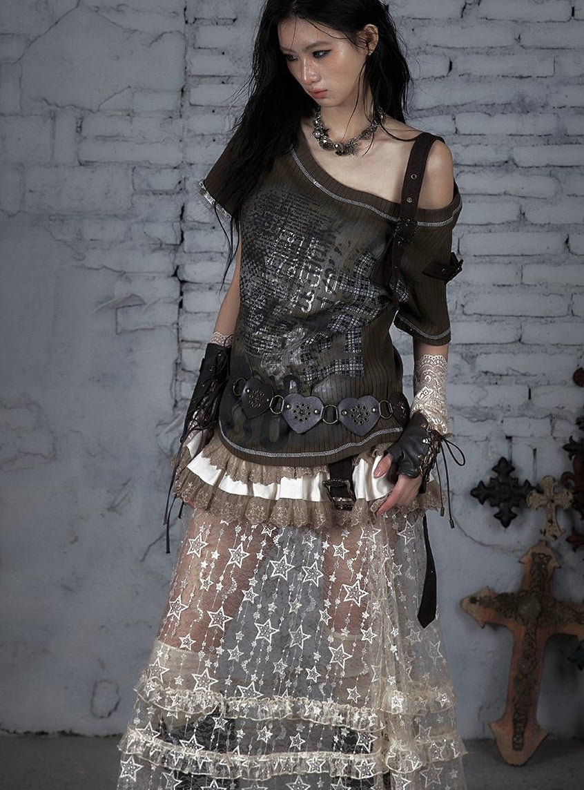 Punk Military Asymmetrical Sleeve Print Loose Knit T-shirt