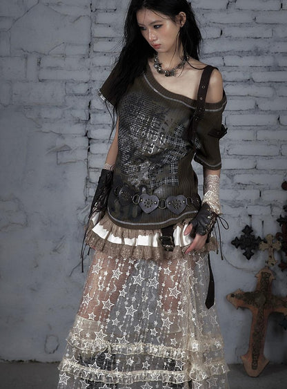 Punk Military Asymmetrical Sleeve Print Loose Knit T-shirt