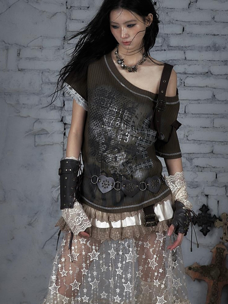 Punk Military Asymmetrical Sleeve Print Loose Knit T-shirt