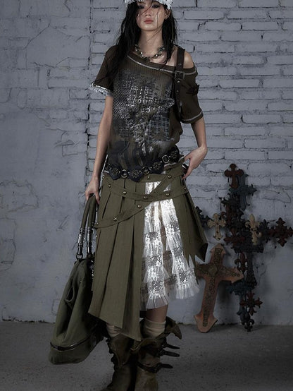 Punk Military Asymmetrical Sleeve Print Loose Knit T-shirt