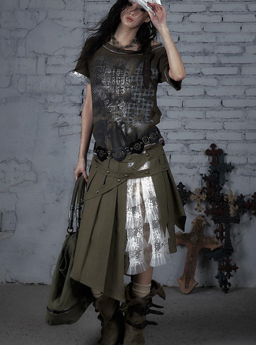 Punk Military Asymmetrical Sleeve Print Loose Knit T-shirt