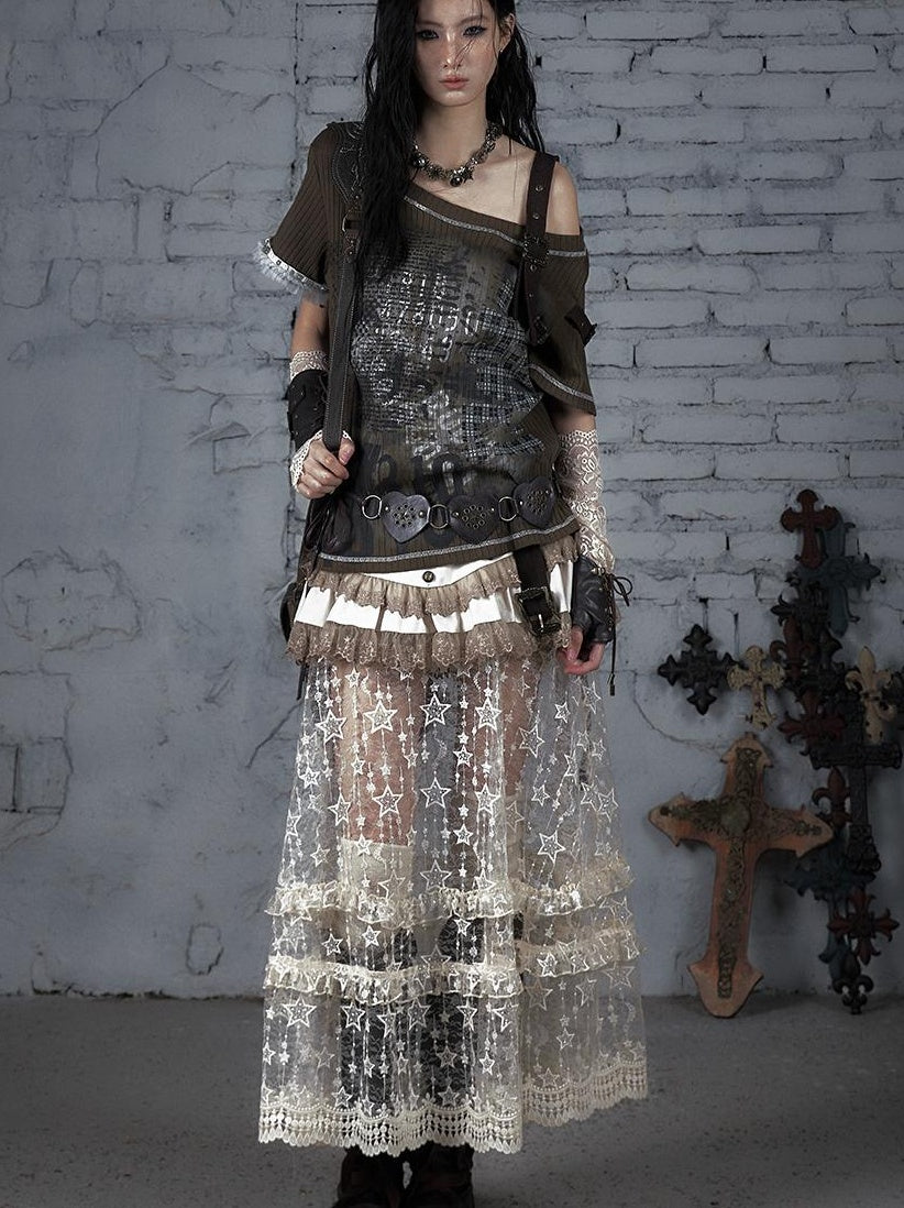 Punk Military Asymmetrical Sleeve Print Loose Knit T-shirt