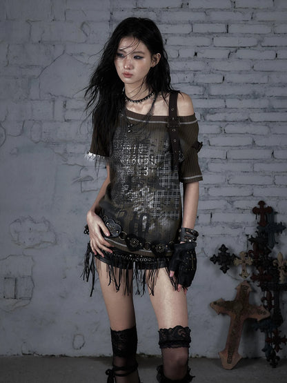 Punk Military Asymmetrical Sleeve Print Loose Knit T-Shirt