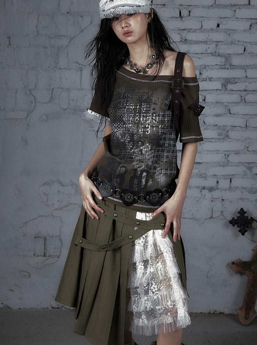 Punk Military Asymmetrical Sleeve Print Loose Knit T-shirt