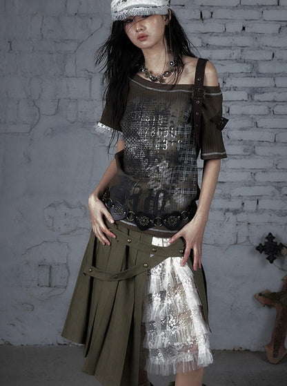 Punk Military Asymmetrical Sleeve Print Loose Knit T-shirt