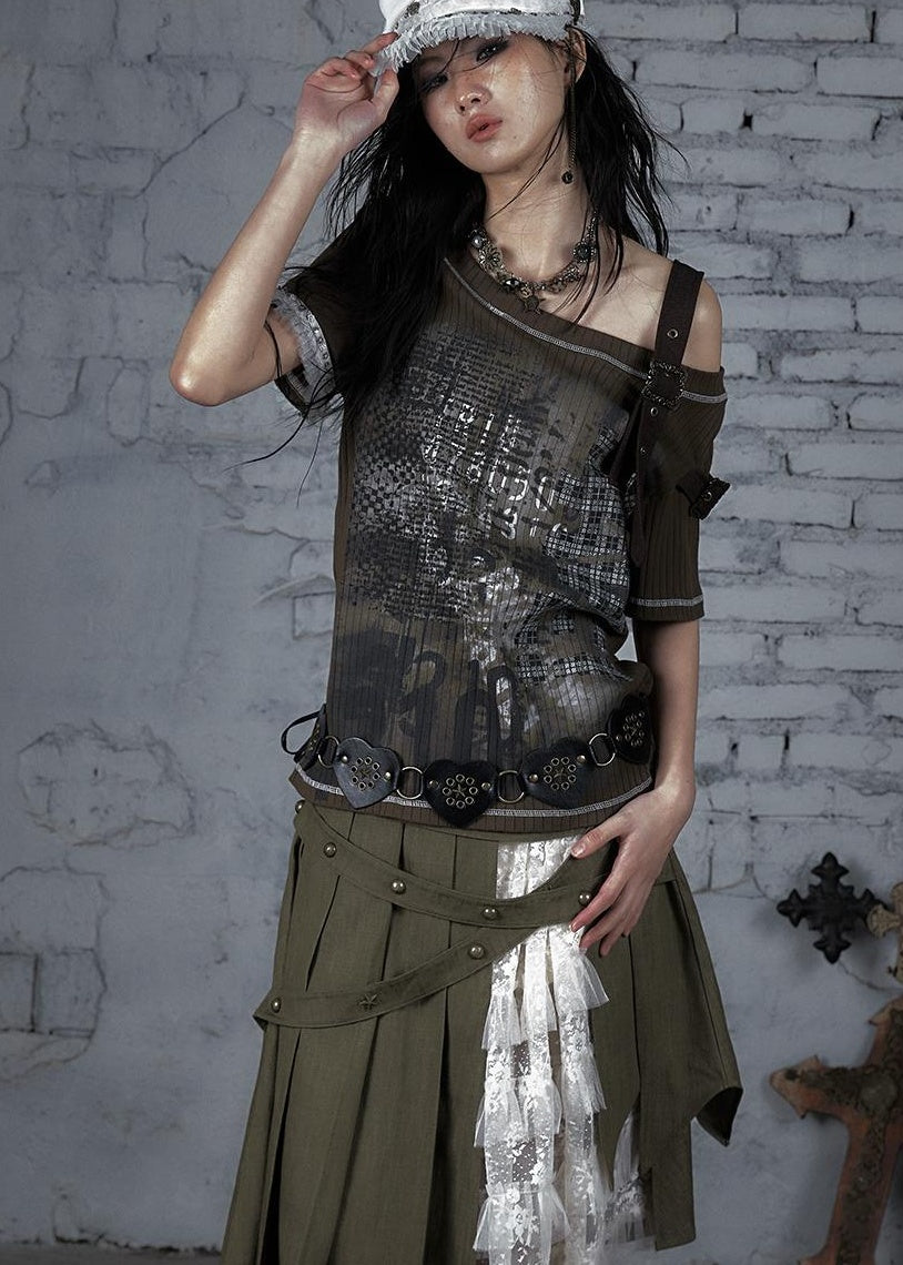 Punk Military Asymmetrical Sleeve Print Loose Knit T-shirt