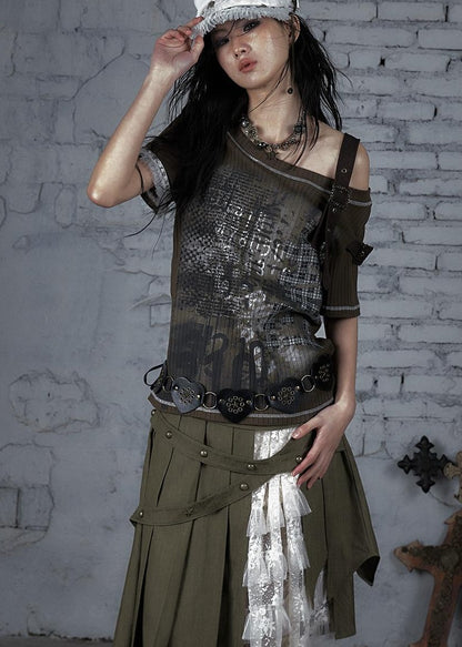 Punk Military Asymmetrical Sleeve Print Loose Knit T-shirt