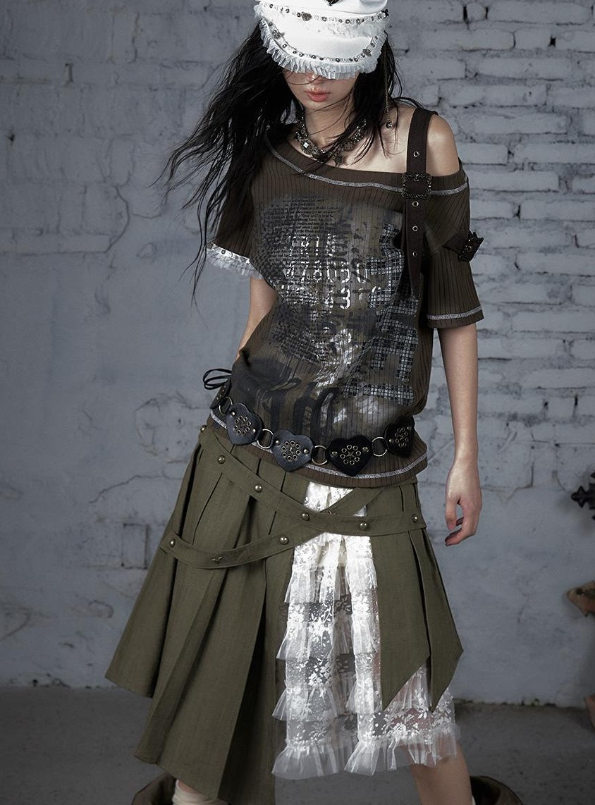 Punk Military Asymmetrical Sleeve Print Loose Knit T-shirt