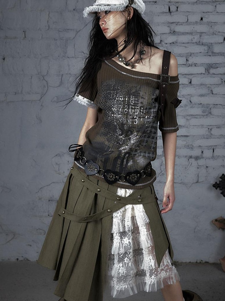 Punk Military Asymmetrical Sleeve Print Loose Knit T-shirt
