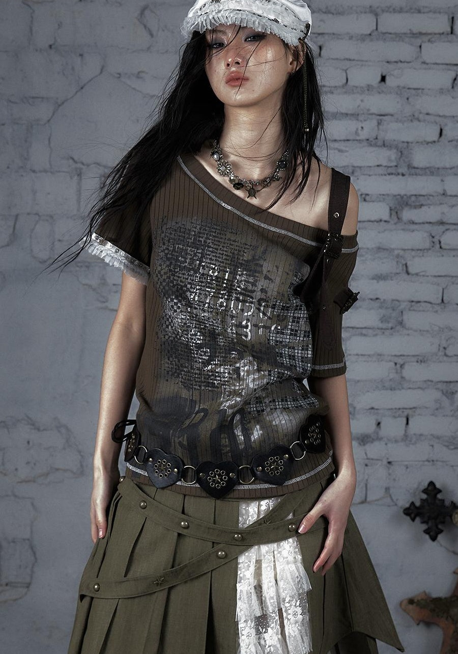 Punk Military Asymmetrical Sleeve Print Loose Knit T-shirt