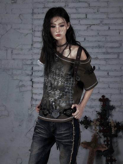 Punk Military Asymmetrical Sleeve Print Loose Knit T-Shirt