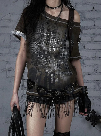Punk Military Asymmetrical Sleeve Print Loose Knit T-Shirt