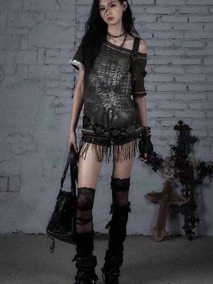 Punk Military Asymmetrical Sleeve Print Loose Knit T-Shirt