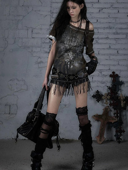 Punk Military Asymmetrical Sleeve Print Loose Knit T-Shirt