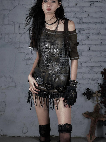 Punk Military Asymmetrical Sleeve Print Loose Knit T-Shirt