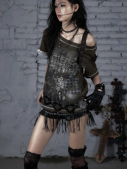 Punk Military Asymmetrical Sleeve Print Loose Knit T-Shirt