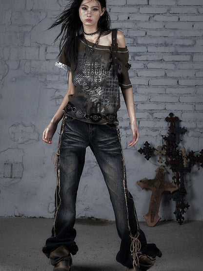 Punk Military Asymmetrical Sleeve Print Loose Knit T-shirt