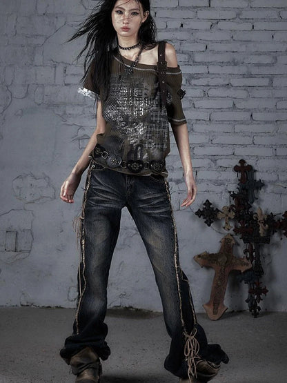 Punk Military Asymmetrical Sleeve Print Loose Knit T-Shirt