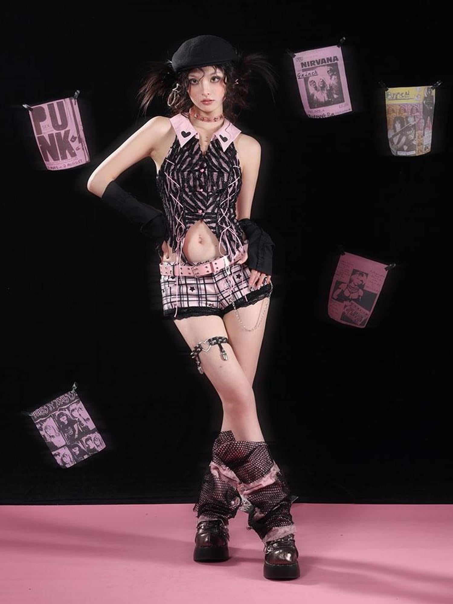 WSW WUSHENWU Punk Multi Function Denim Leg Warmers Black Pink
