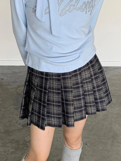 Punk Plaid Pleated Mini Skirt Mid Waist Lined A-Line Skirt