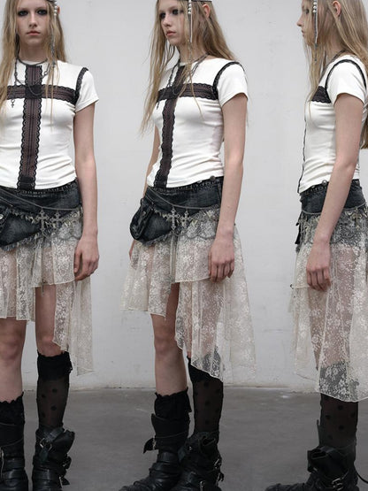 NO ROMANCE Punk Print Lace Trim Slim Stretch Two-Way T-Shirt