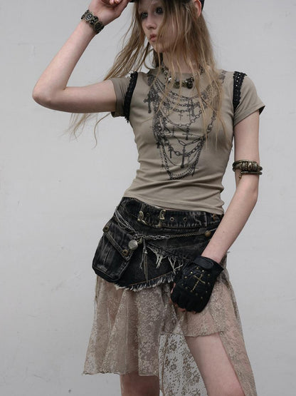 NO ROMANCE Punk Print Lace Trim Slim Stretch Two-Way T-Shirt