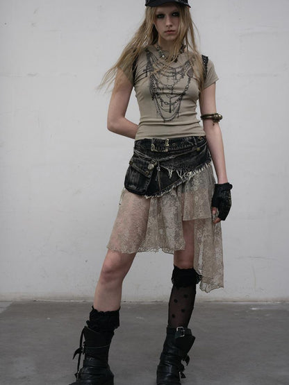 NO ROMANCE Punk Print Lace Trim Slim Stretch Two-Way T-Shirt