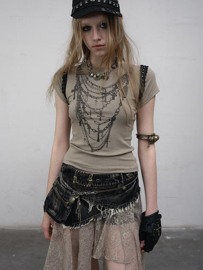 NO ROMANCE Punk Print Lace Trim Slim Stretch Two-Way T-Shirt