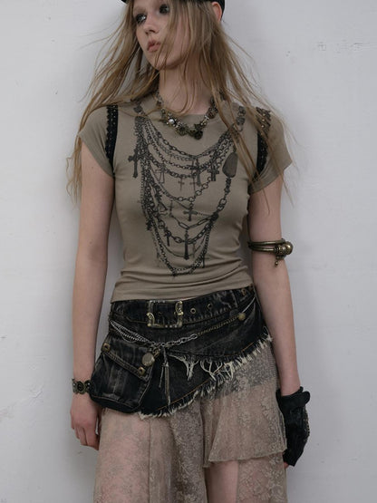 NO ROMANCE Punk Print Lace Trim Slim Stretch Two-Way T-Shirt
