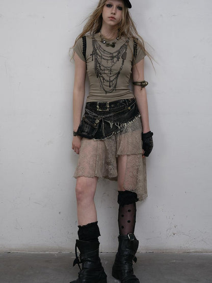 NO ROMANCE Punk Print Lace Trim Slim Stretch Two-Way T-Shirt