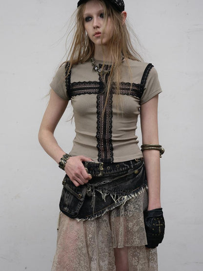NO ROMANCE Punk Print Lace Trim Slim Stretch Two-Way T-Shirt