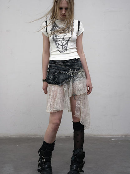 NO ROMANCE Punk Print Lace Trim Slim Stretch Two-Way T-Shirt