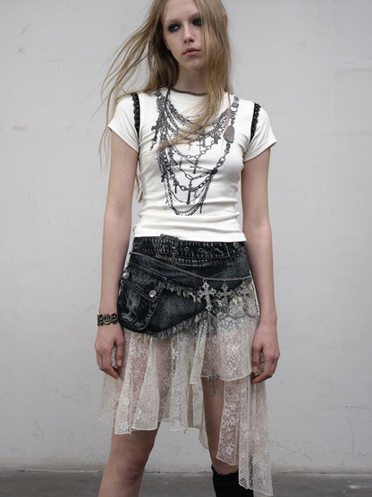 NO ROMANCE Punk Print Lace Trim Slim Stretch Two-Way T-Shirt