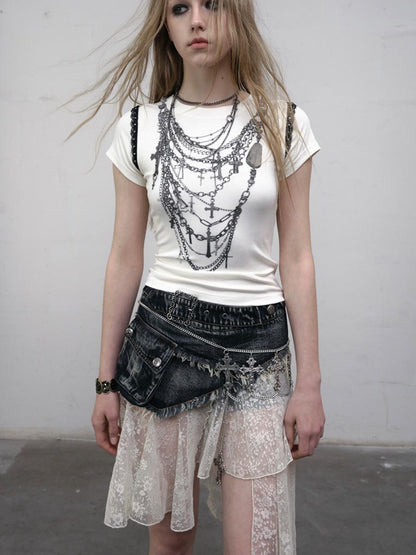 NO ROMANCE Punk Print Lace Trim Slim Stretch Two-Way T-Shirt