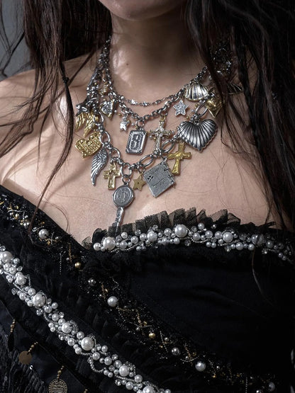 Punk Retro Cross Layered Necklace With Heart &amp; Rhinestones
