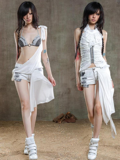 ARIADNAw Punk Retro Multi Way Denim Shorts With Detachable Straps