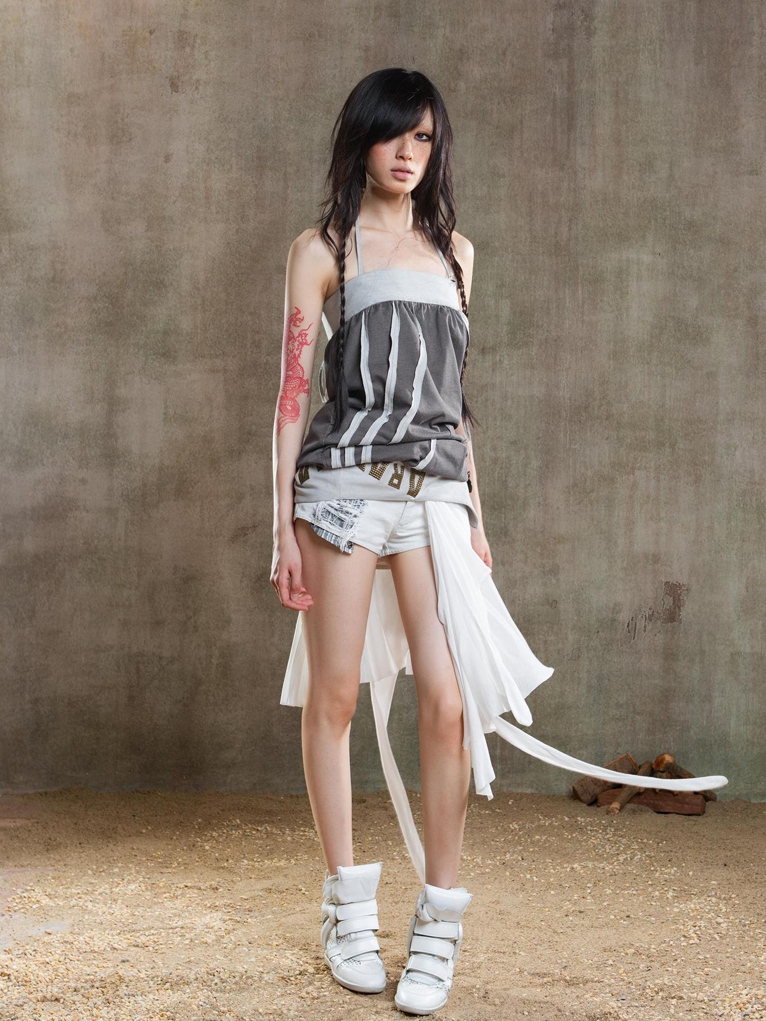 ARIADNAw Punk Retro Multi Way Denim Shorts With Detachable Straps