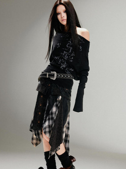 ARIADNAw Punk Retro Single Line Collar Graphic Print Stretch Top