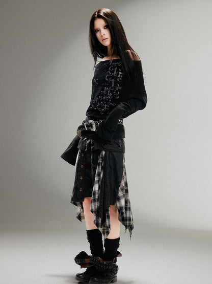 ARIADNAw Punk Retro Single Line Collar Graphic Print Stretch Top