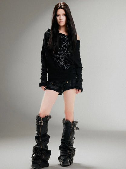 Punk Retro Single Line Collar Graphic Print Stretch Top
