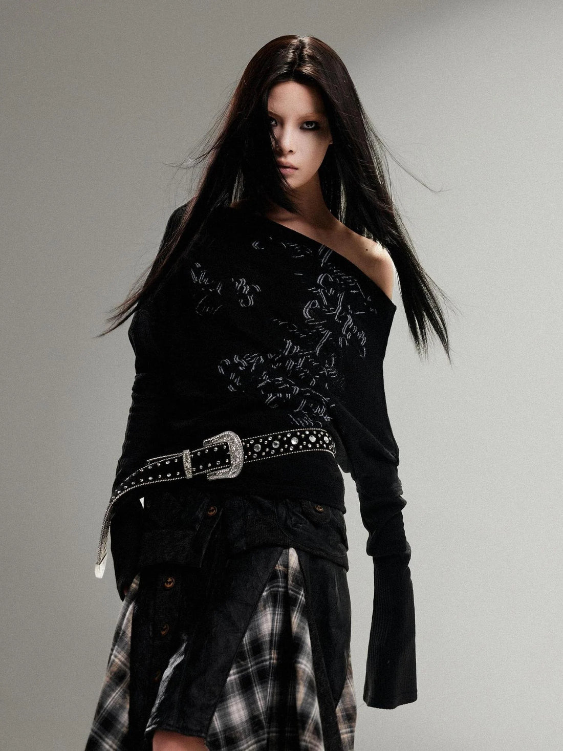 Punk Retro Single Line Collar Graphic Print Stretch Top