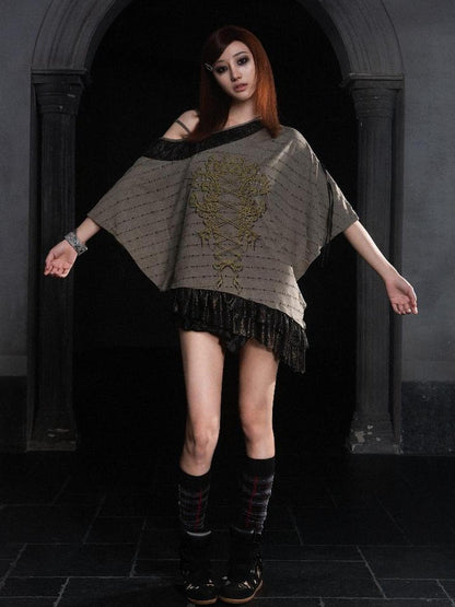 Punk Revival Batwing Lace Tee Vintage Summer Top