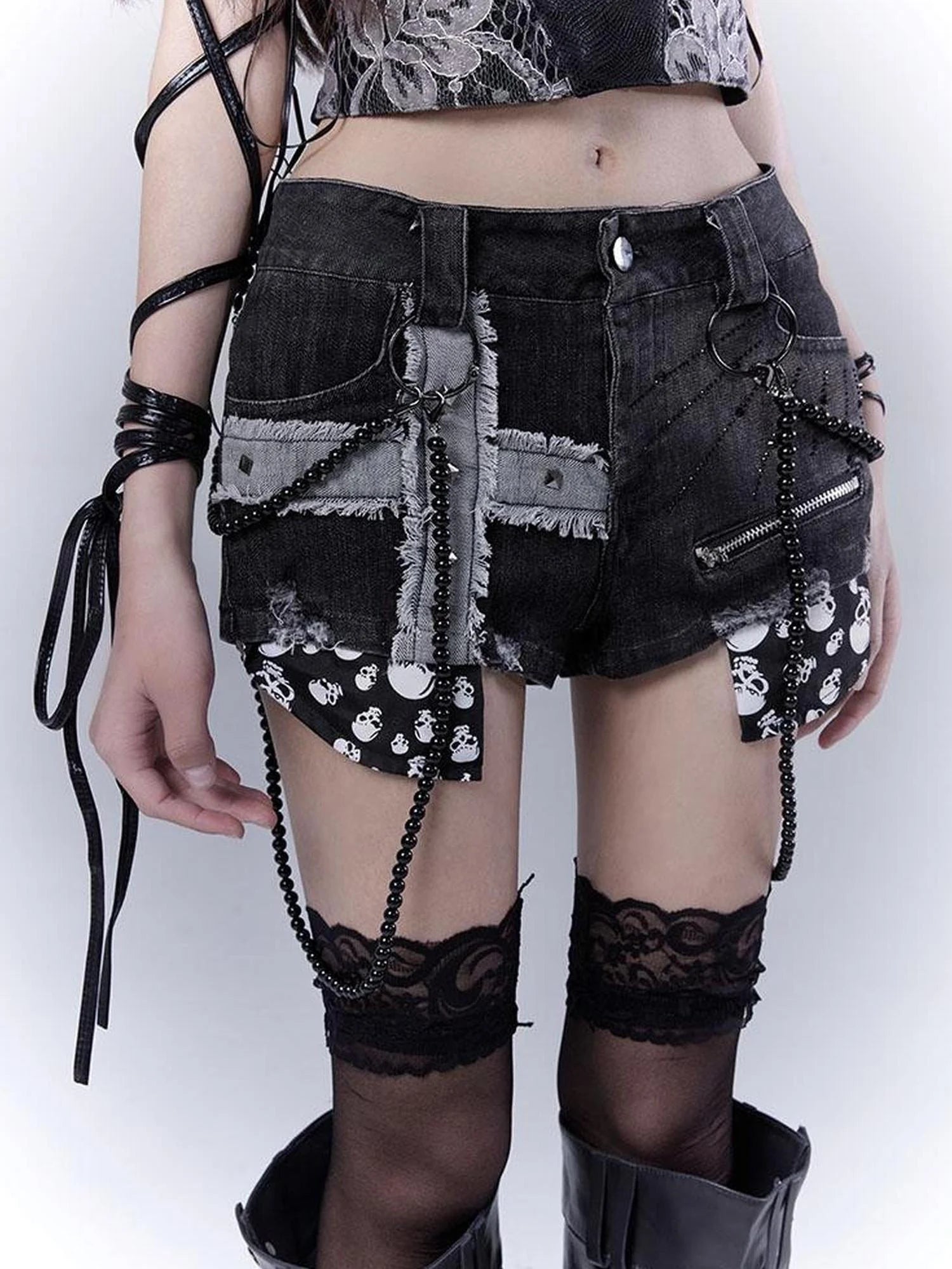 Punk Rivet Low Rise Denim Shorts With Detachable Pearl Chain
